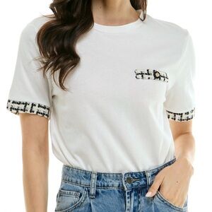 New White Cotton Tee Accented With Metallic Tweed Trim & Flower Buttons